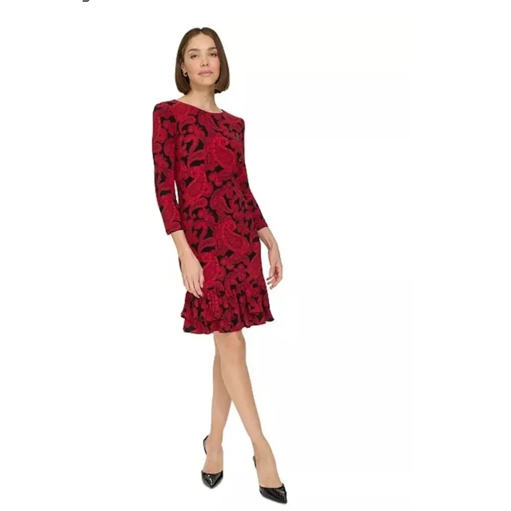 Tommy Hilfiger Womens Dress Paisley Ruffle Hem 14 Career Office Business Preppy - Picture 2 of 11